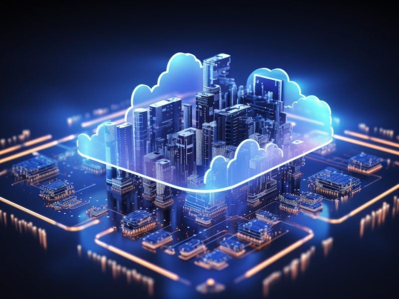 Cloud computing concept image double exposure Digitally Enhanced Smart City Concept with Cloud Computing