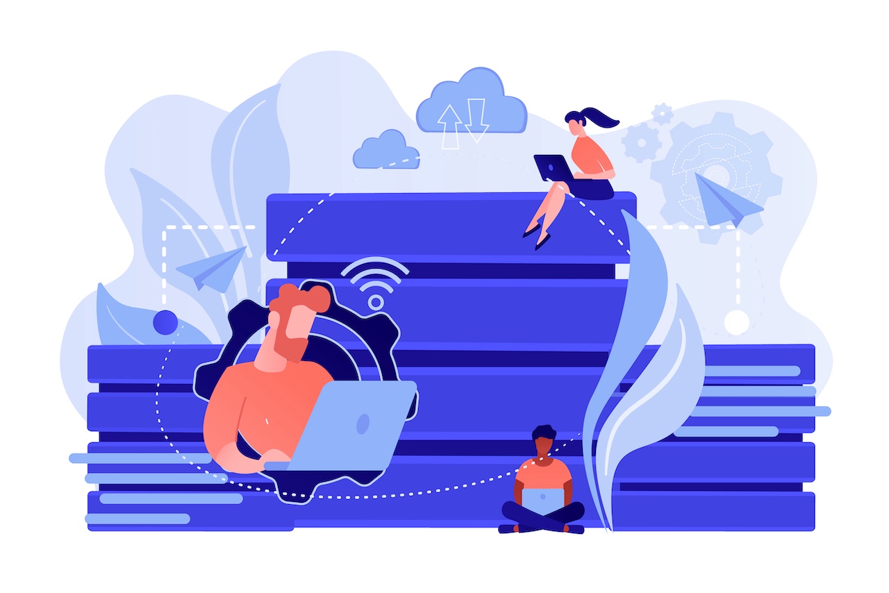 Users with laptops working with database. Data storage and organization, information access and management, big data protection concept. Vector isolated illustration.