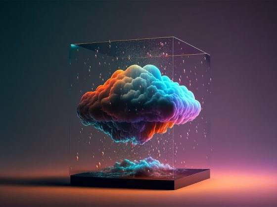 Creative cloud concept in glass cube. Cloudscape digital metaverse infrastructure