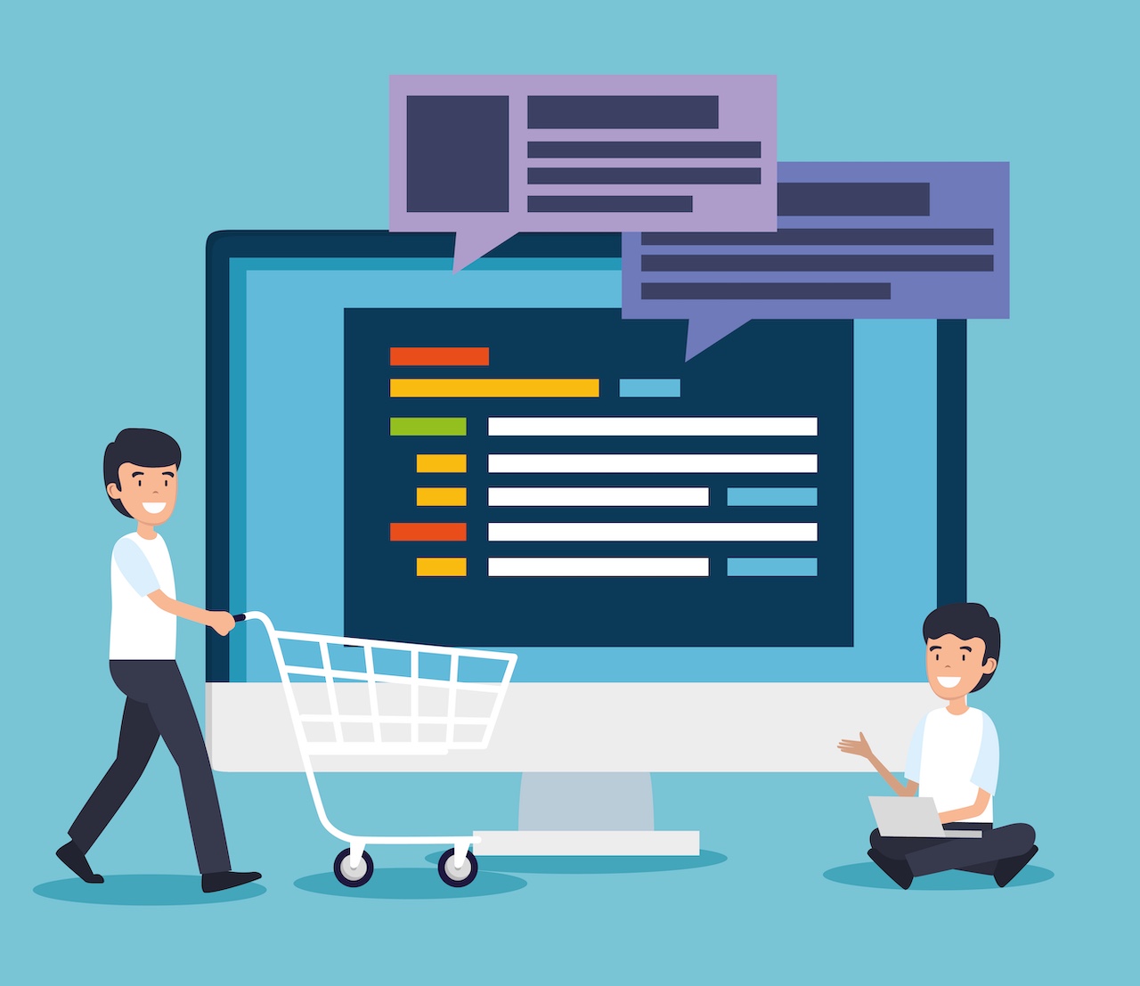 men with computer website information and chat bubbles vector illustration